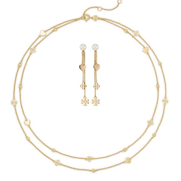 Beautiful Tory Burch Gold Layered Kira Linear Necklace and Earring Set - Picture 2 of 8